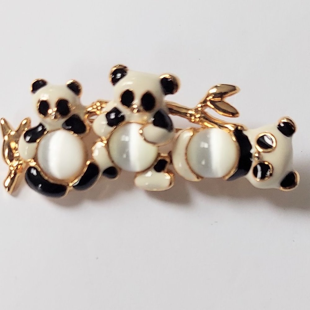 Black White Enamel Triple Panda Brooch In Gold Plating  50mm x 20mm